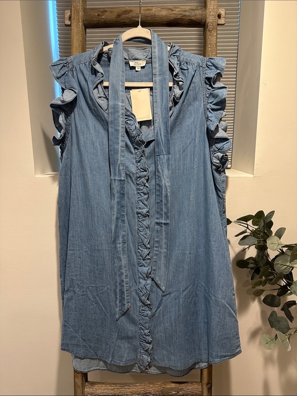Elan Light Blue Ruffle Tie-Neck Chambray Dress